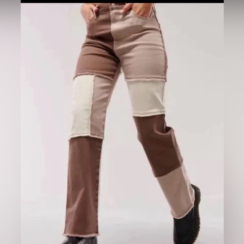 Hollister Ultra High-Rise Dad Jeans Patchwork Brown‎ Beige Colorblock 26